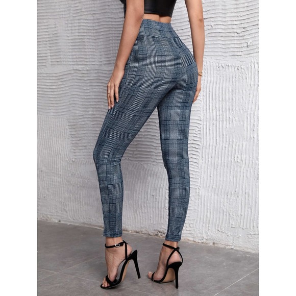 High Waist Houndstooth plaid print Skinny Pants gray black - Picture 6 of 9